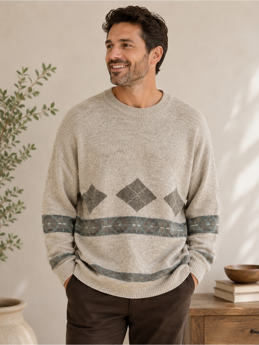 Vintage Gaucho Men’s L Knit Sweater Argyle Geometric 90s Grandpa Pullover